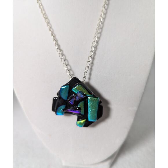 Dichroic fused glass pendant/pin Abstract design handmade 25" pendant to clasp - Picture 1 of 6